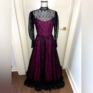 RARE Gunne SaxJessica McClintock Lace VTG Blk  Purple Sparkle dark romance dress